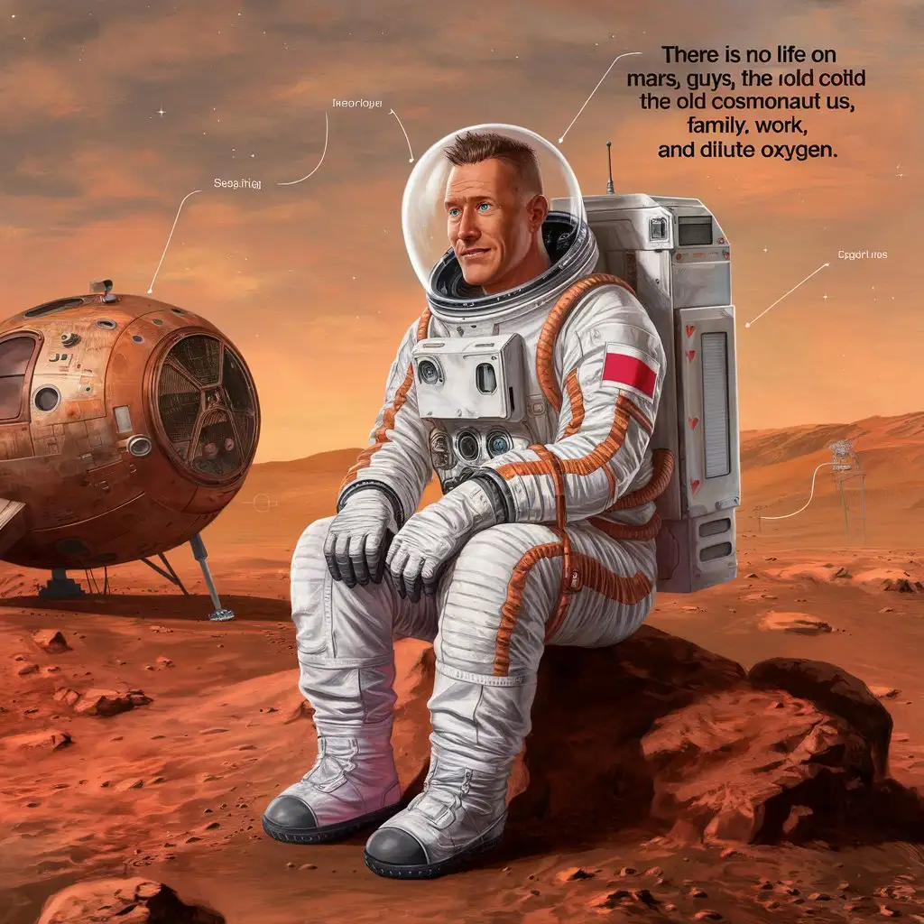 There is no life on Mars, guys, the old cosmonaut told us, Family, work, mortgage, and dilute oxygen. a clear, detailed illustration, incredibly complex. In the humorous genre