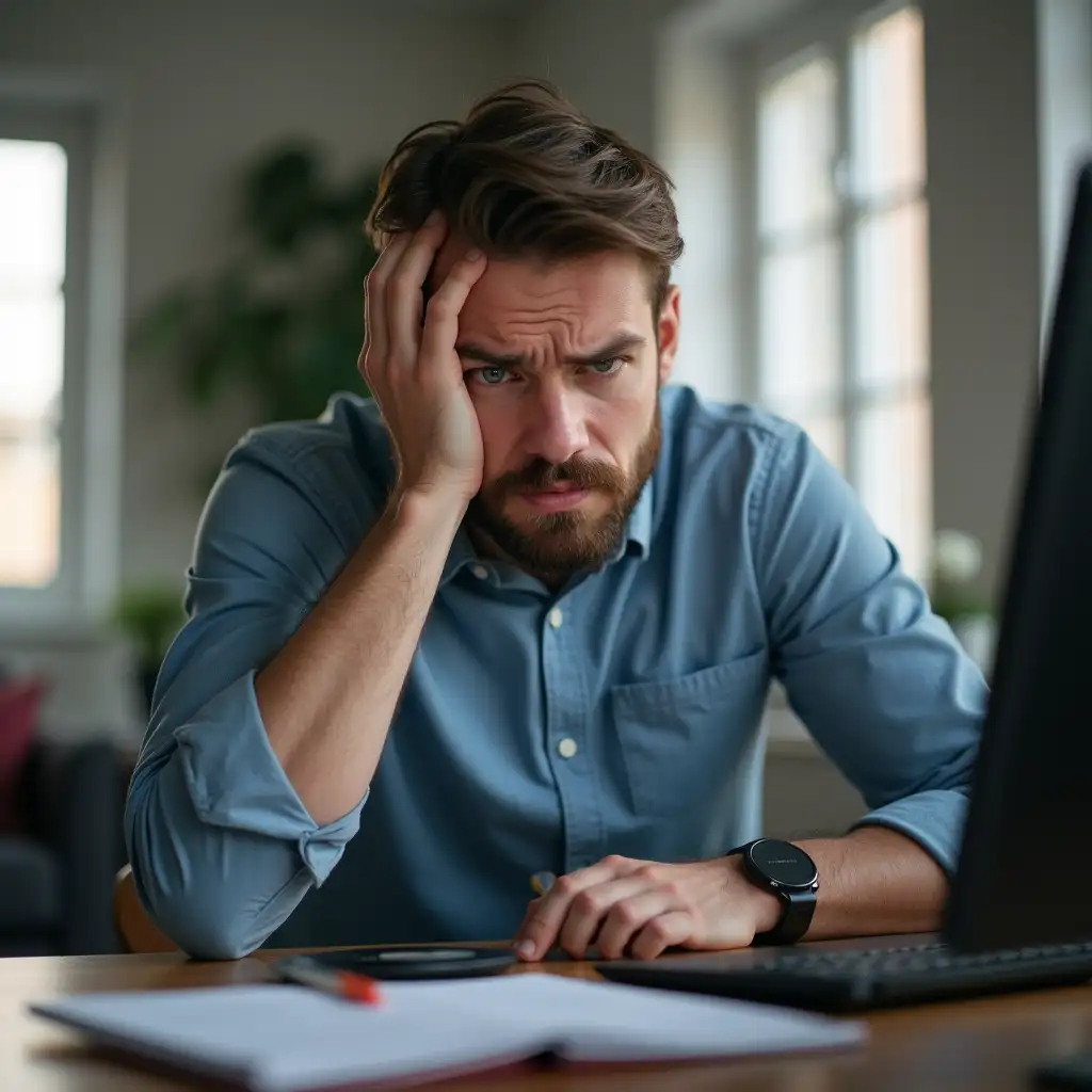 A man in his mid 30s sitting by his desk at work frustrated