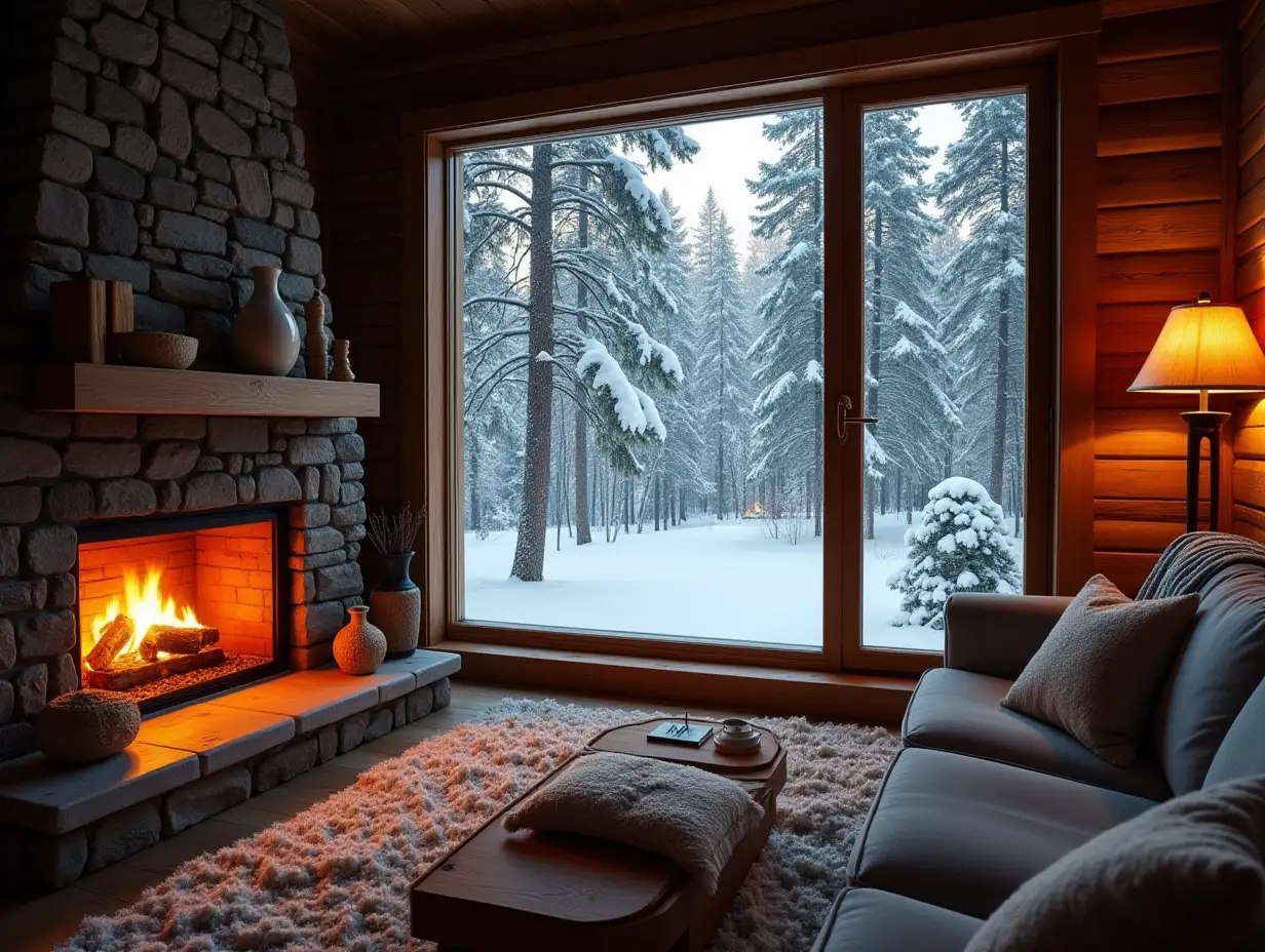 A room with a warm fireplace, snowy forest outside the window