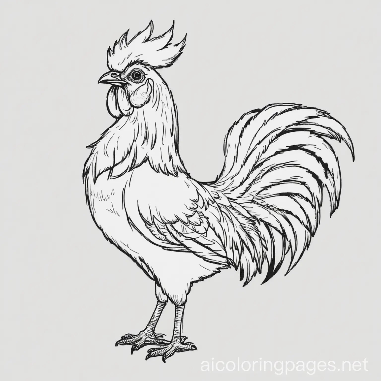 Rooster, Coloring Page, black and white, line art, white background, Simplicity, Ample White Space. The background of the coloring page is plain white to make it easy for young children to color within the lines. The outlines of all the subjects are easy to distinguish, making it simple for kids to color without too much difficulty