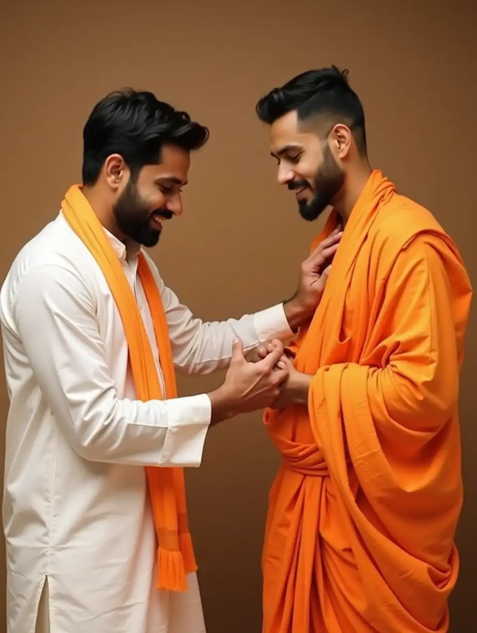 Young-Man-in-Hindu-White-Kurta-Assisting-Guru-in-Orange-Clothing