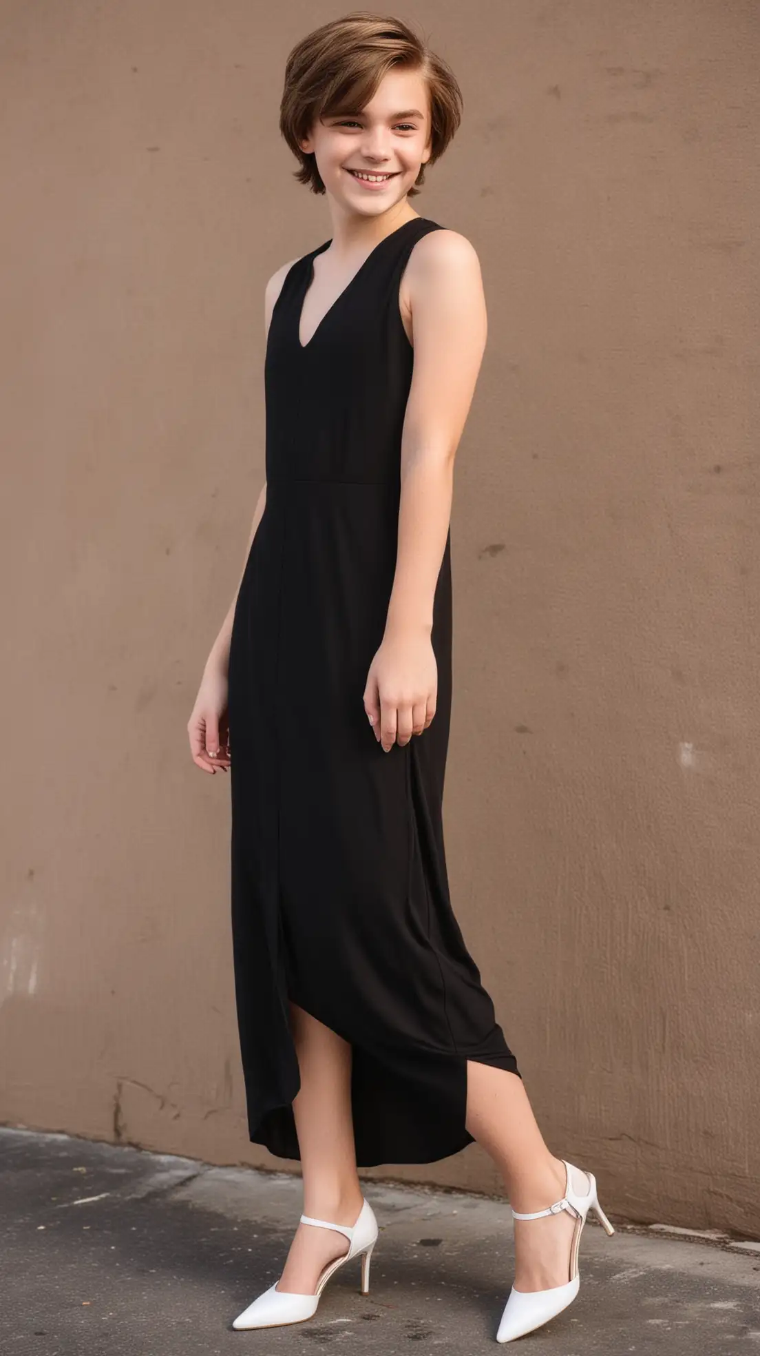 Teen-Boy-in-Black-Maxi-Dress-with-White-Pointy-Toe-High-Heels-and-Short-Brown-Hair