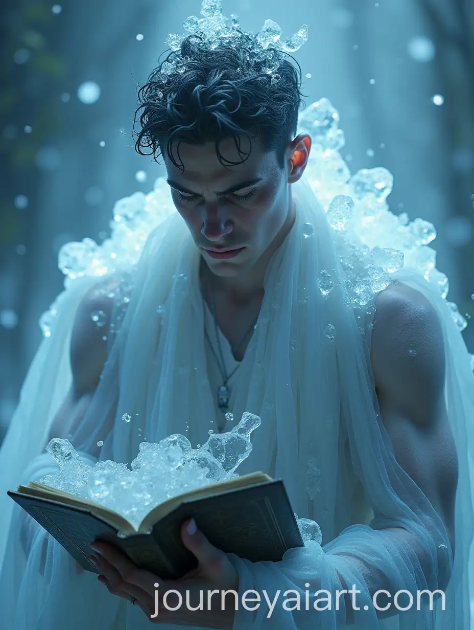 Injured-Male-Necromancer-Encased-in-Ice-Holding-Magical-Book