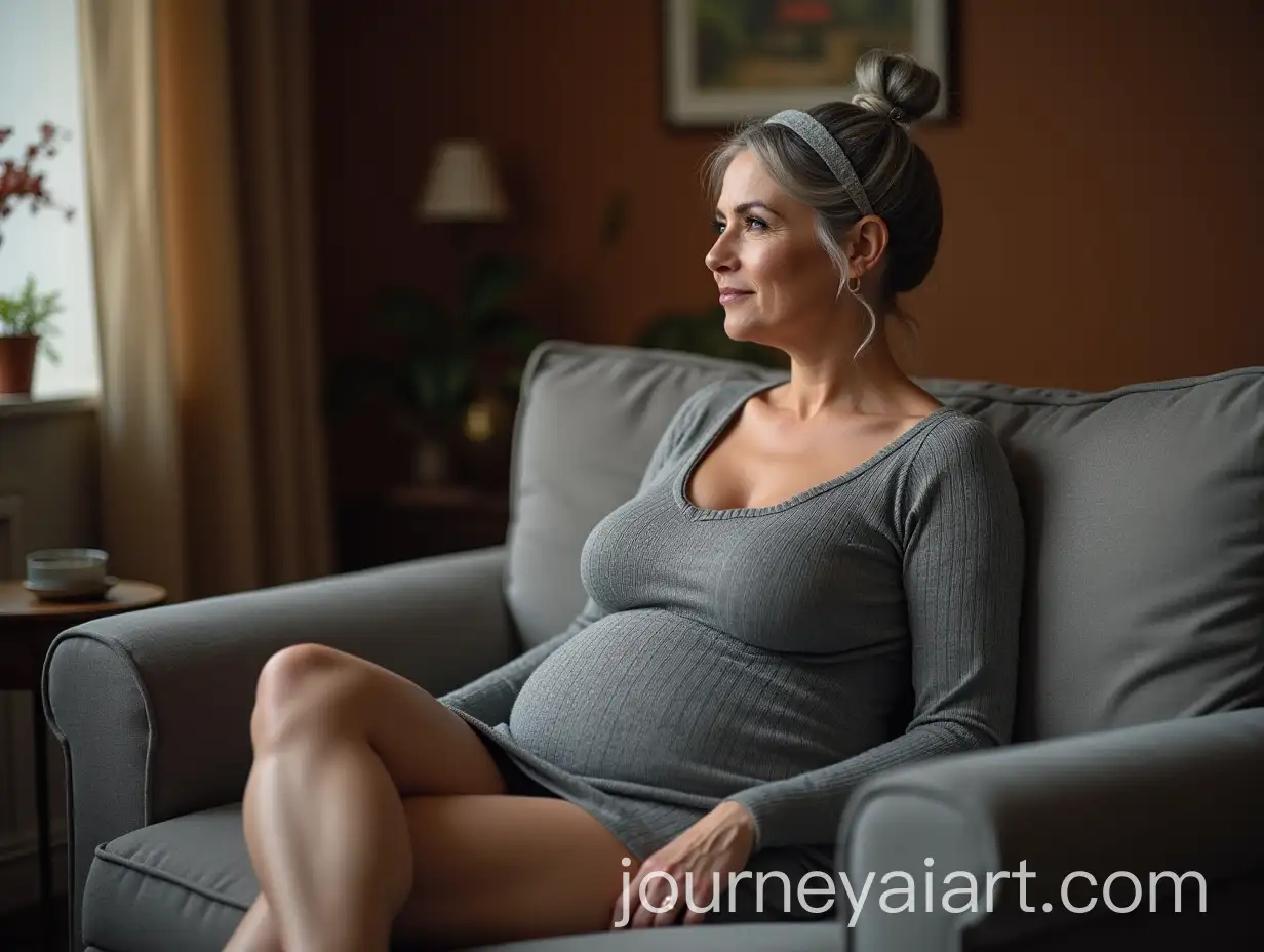Plump-50YearOld-Woman-with-Gray-Hair-in-Romantic-Atmosphere-on-Sofa