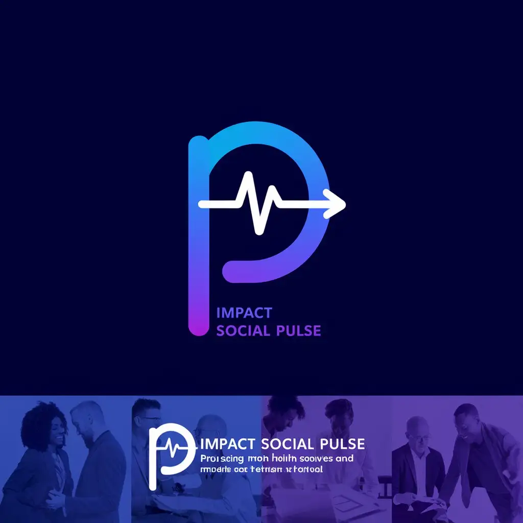 LOGO Design for Impact Social Pulse Modern Pulse Line P with Arrow Gradient Blues and Diverse People Background