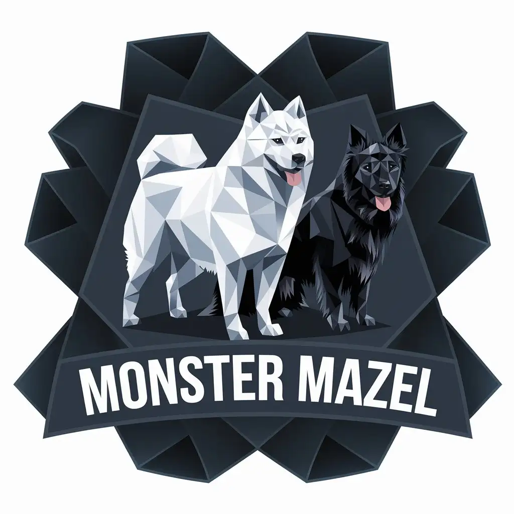 LOGO Design for Monster Mazel Origami Style with Samoyed Svensk Lapphund Dogs on Dark Steel Blue Background