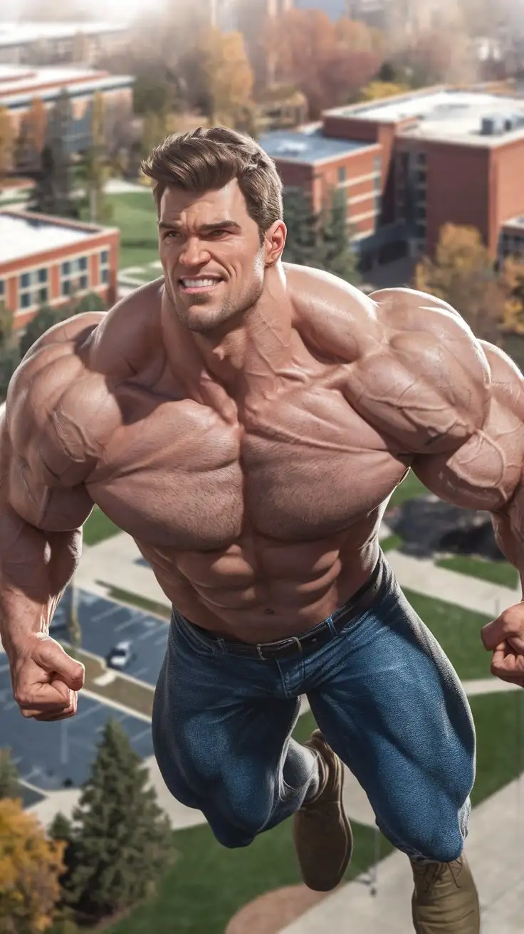 A Herculean 20-year-old bodybuilder flies through the sky over a college campus. He possesses awesome powers. Confident determination. Photorealistic.