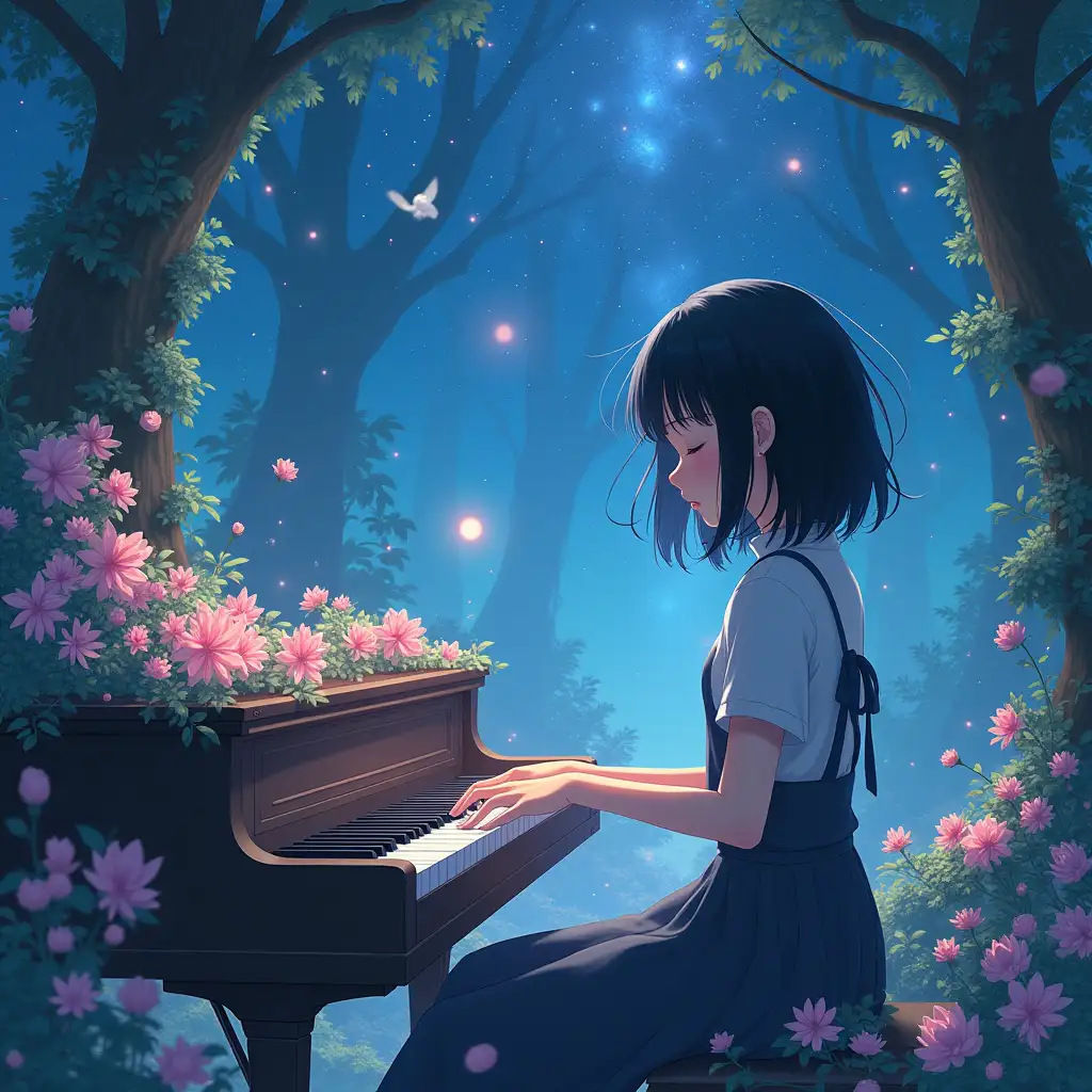 Young-Woman-Playing-Piano-in-a-Fantastical-Forest-or-Outer-Space