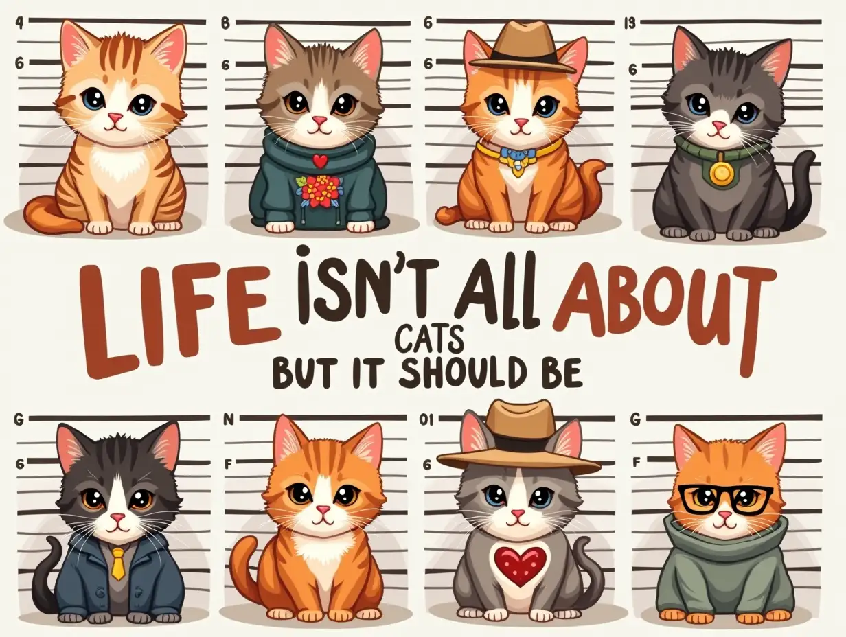 Vector. eight cute kittens in mugshots, featuring the word 'Life Isn't All About Cats But It Should Be' in bold, centered eight adorable Highland. The kittens are wearing different accessories, such as flowers, hats, and glasses. The background is a wall used to take pictures of criminals. cartoonish style