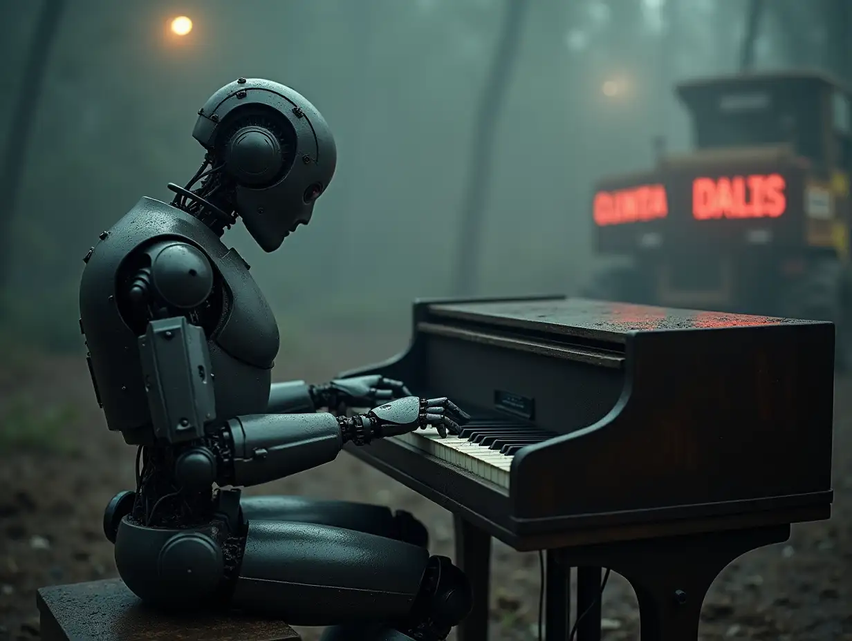 Robot-Composer-Playing-Piano-in-Dystopian-Setting-with-Musical-Instruments-in-Mud