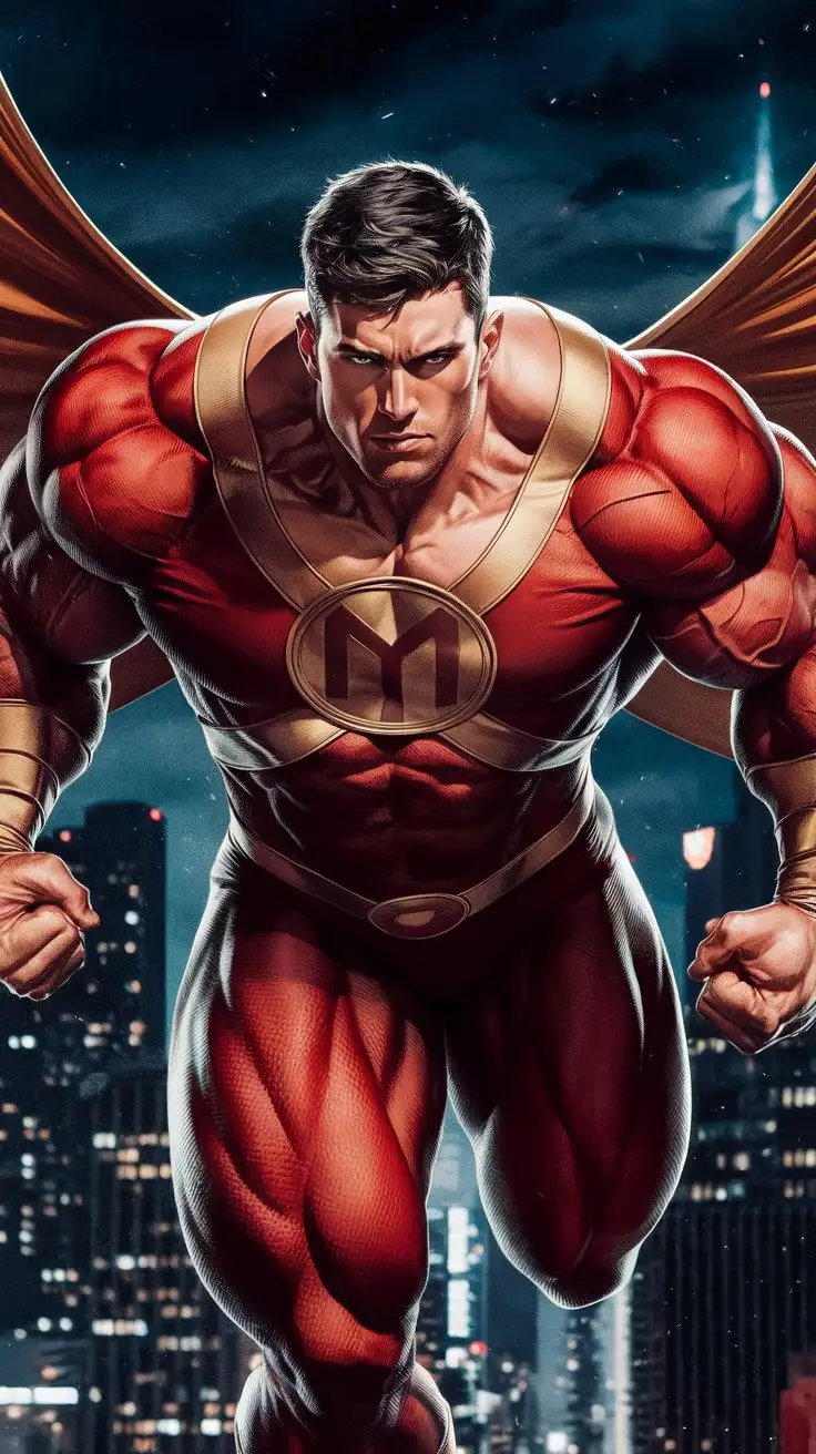 Powerfully muscled, hugely ripped, pumped musclegod superhero flies through the night sky at supersonic speed. Bold determination. 24 years old.