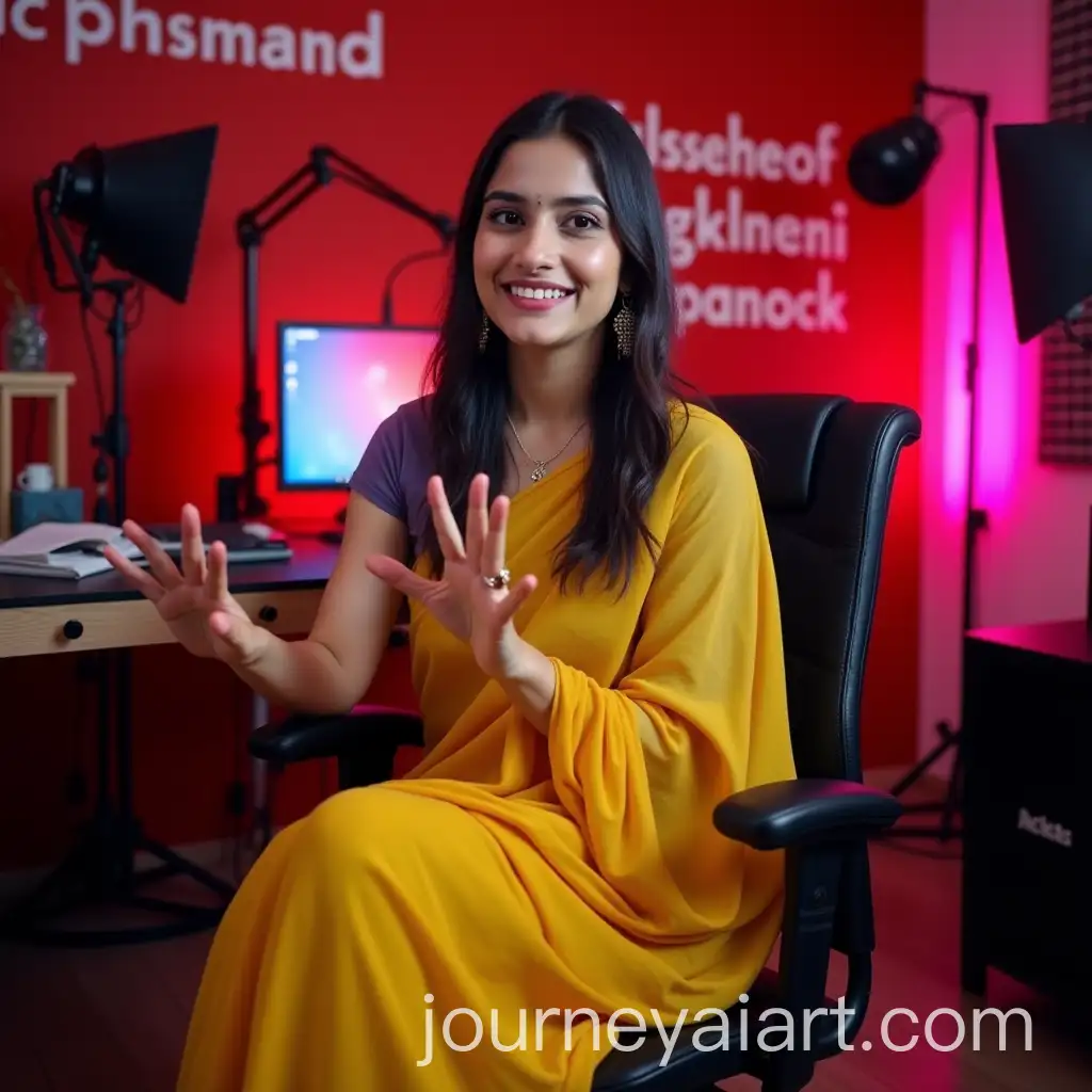 Bangladeshi-Woman-Discussing-Politics-in-YouTube-Studio-with-Bright-Yellow-Saree