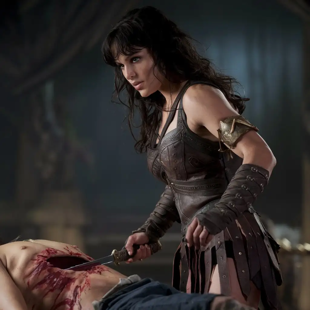 photo, realistic, sharp focus, 4k, HD, soft lighting, flirting, sultry smile, two female, mature (very beautiful:1.2) warrior, XENA, (deep neckline:1.8), ((attacks)), standing, knife, dark fantasy, (plunges a blade into the victim's stomach:1.5), ripped belly, photo, cinematic