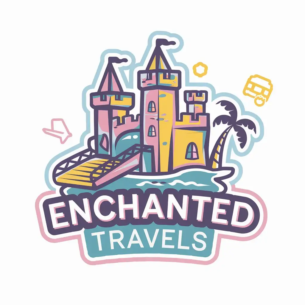 LOGO Design for Enchanted Travels Playful Whimsical Travel Agency with Pastel Colors and Travel Icons