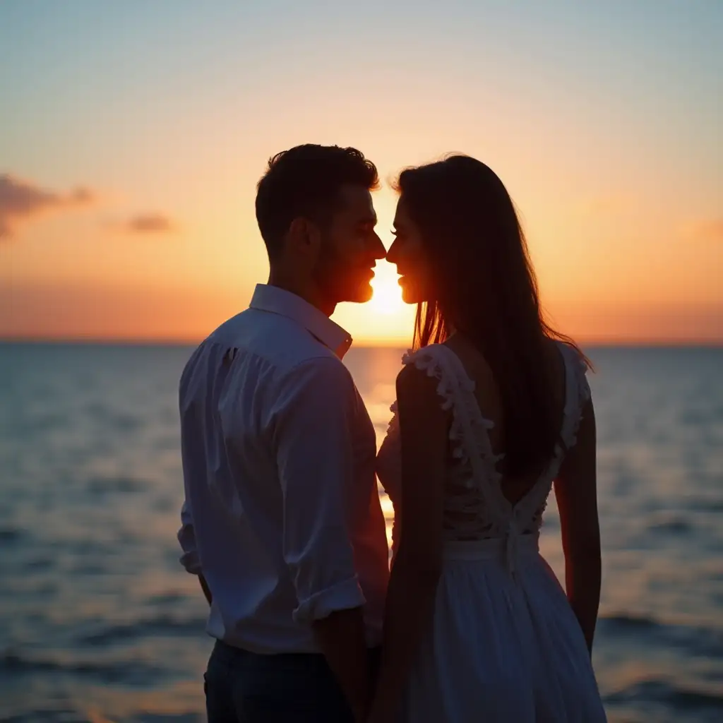 Create for me a romantic and realistic image of a man and a woman looking affectionately at the blue sea at sunset