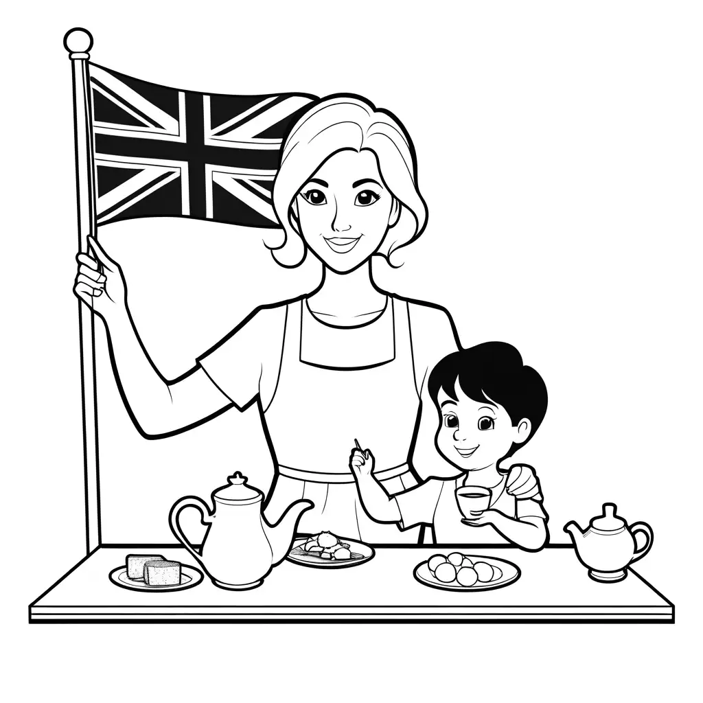 British-Woman-and-Child-Enjoying-Tea-and-Roast-Dinner-Coloring-Page