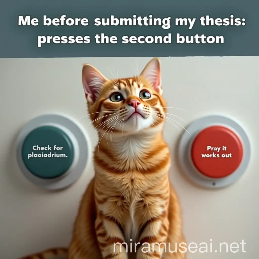 Create a meme featuring a ginger cat as the main character. The image shows the cat sitting in front of two buttons: one labeled 'Check for plagiarism' and the other 'Pray it works out.' The text above or below the image reads: 'Me before submitting my thesis: presses the second button.' The scene should evoke a relatable situation about anti-plagiarism struggles, sparking laughter and relief, especially with the idea of promising 100% uniqueness. The ginger cat looks anxious yet determined, adding a humorous and cute vibe to the meme.