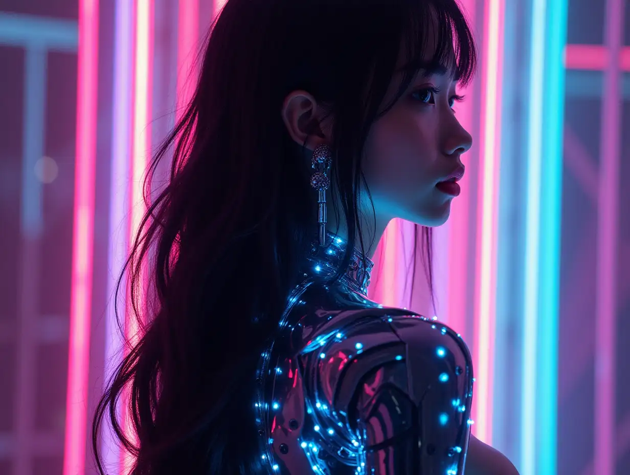 A Full frontal portrait  full bodyof  hot and young  beautiful  Japanese bio robotics girl with long black hair and full gear, hallucination in mandala art in cyberpunk neon light style, fantasy creature made of neon rays, ultra detailed, fairy lighting, photorealistic, bright colors in  close  up  to spine  and legs in back angle 