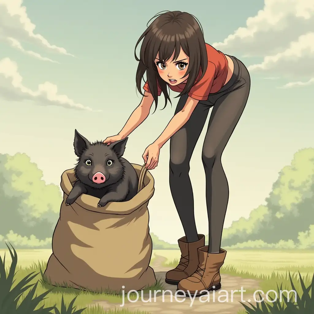Anime-Woman-Holding-Wild-Pig-in-Cloth-Bag-with-Tight-Pants