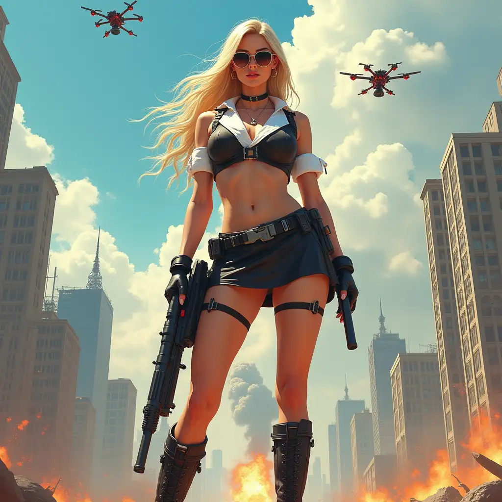 Wide-angle digital painting, (Beautiful large breast woman in stylish school uniform, combat boots, very extreme midriff showing, short skirt, and sunglasses : 1.3), Triangular composition, Dynamic full-length pose, Confident expression, (Armed mercenary: 1.3), Gun grip, Supporting pose, City background, Skyscrapers in the distance, nuclear explosion in extreme distance, two small targeting drones above, (Bright sunlight: 1.2), Sharp contrasts, Bold colors, Clear details. female mercenary in cool cyberpunk style in colorful fantasy style, realism, post-apocalyptic landscape, cartel, bald rod, oil painting, rod Nostalgia, strong emotions, low angle, high detail, sharp focus