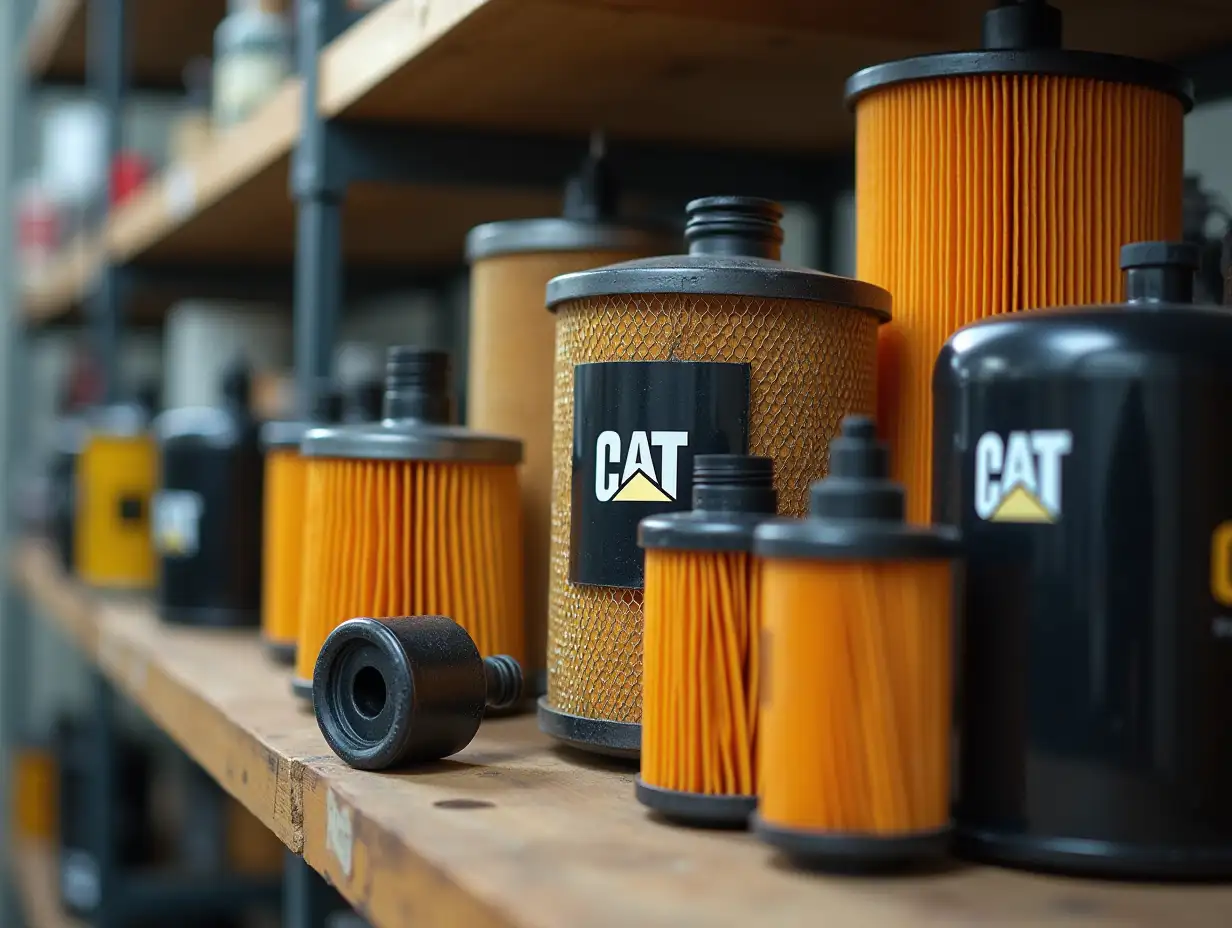 Air and hydraulic filters for CATERPILLAR tractors and excavators of various models on the table in the car store are new for sale, cinematic, complex, photos with high detail