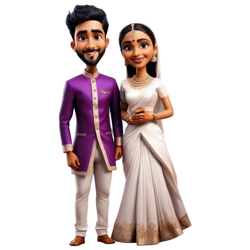 South-Indian-Wedding-Caricature-of-Bride-in-White-Saree-and-Groom-in-Purple-Kurta-HighQuality-PNG-Image