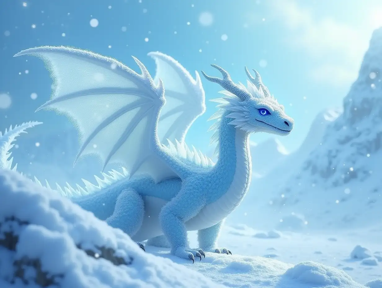 Create a mystical, snow-covered landscape with a majestic Snow Dragon soaring through the icy sky. The dragon has shimmering white and light blue scales, with glowing icy eyes and delicate, frost-covered wings. It breathes a cold, frosty mist as it moves through the snowy mountains, creating a scene of beauty and power. The atmosphere is serene yet fierce, with gentle snowfall and a sense of magical tranquility. The Snow Dragon is both elegant and intimidating, standing out against the wintery world around it.