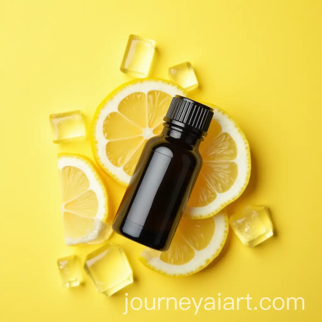 Macro-Shot-of-Black-Essential-Oil-Bottle-on-Ice-Cubes-with-Lemon-Slices-and-Yellow-Gradient-Background
