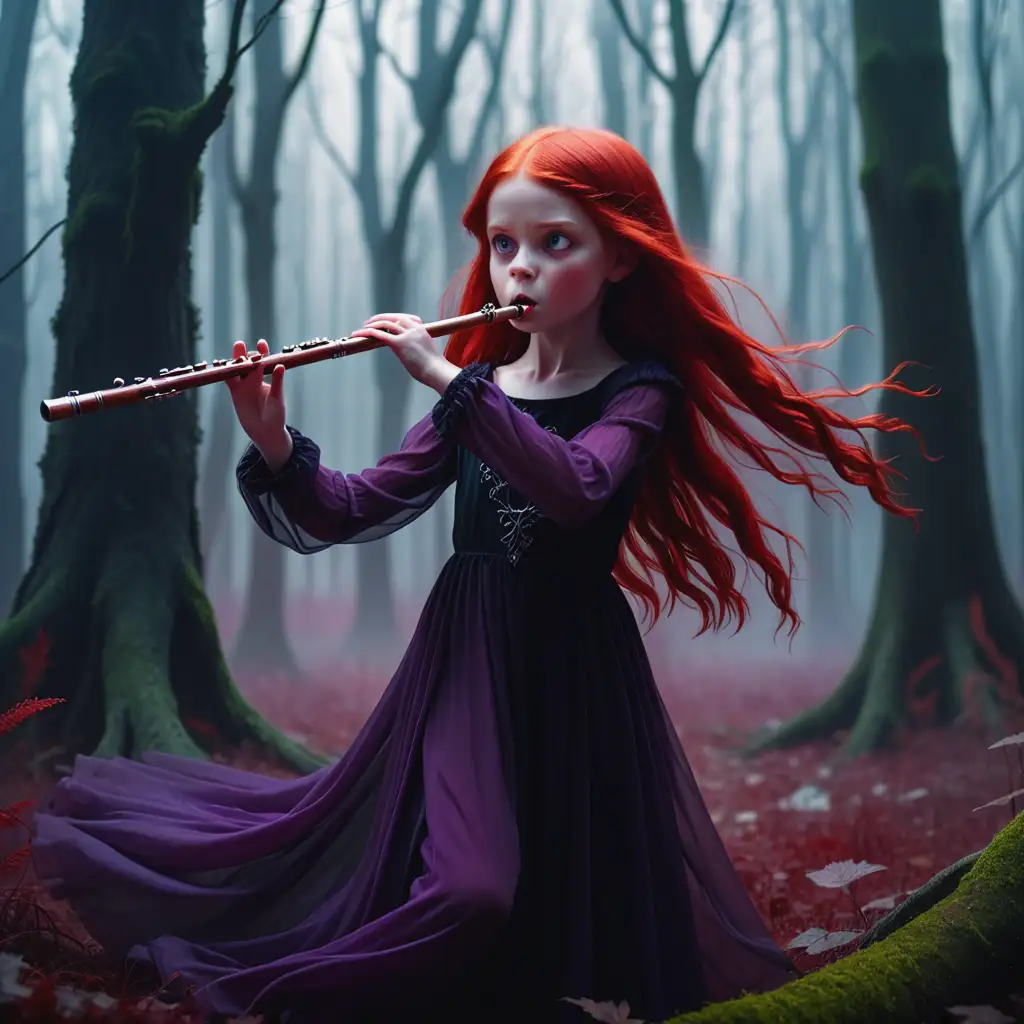 magical forest. intense battle. The little red-haired girl plays the flute. Opposite the girl stands the tall and slender evil with long, flowing black hair, a dark purple dress and red eyes.