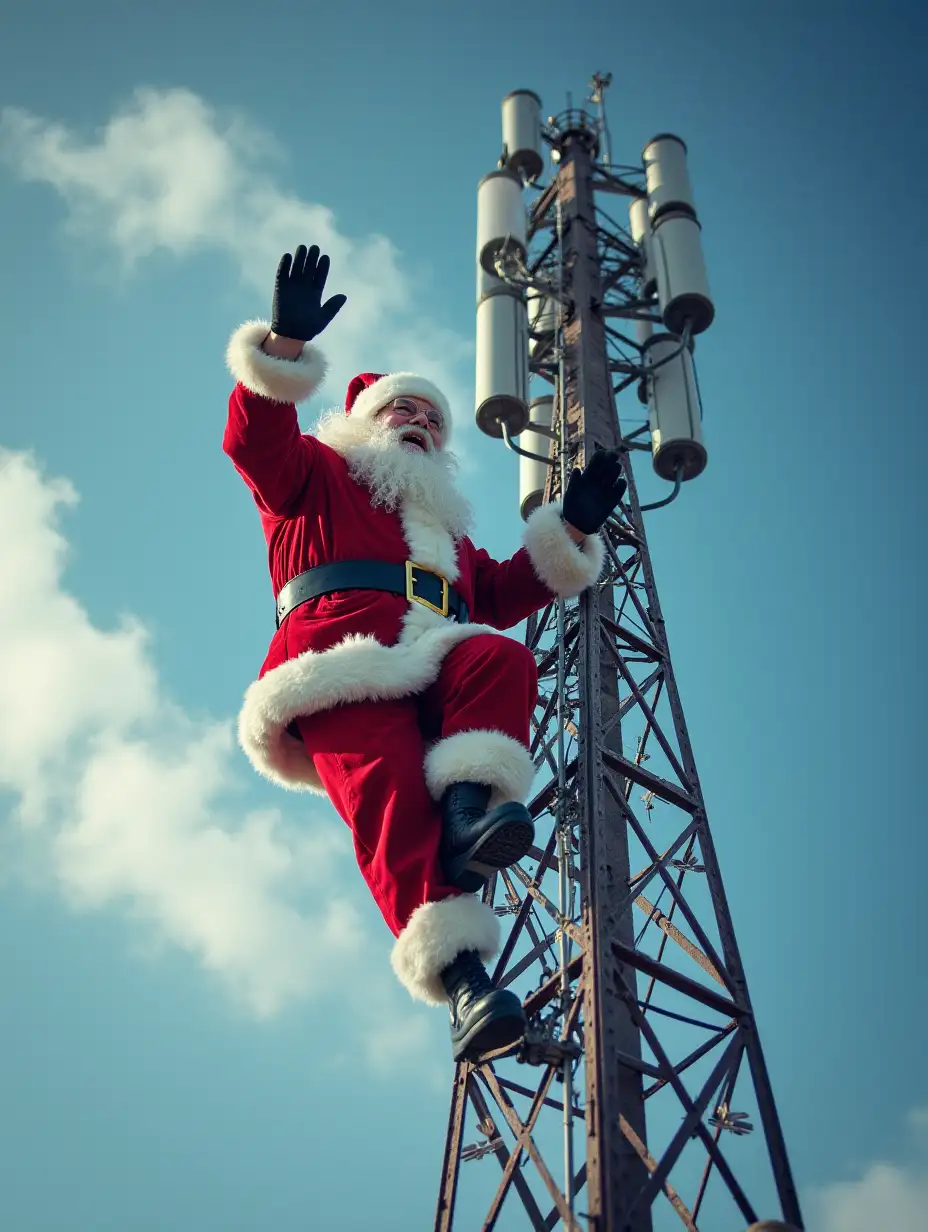 Santa Claus is climbing. Telecom tower where Santa Claus climbing, . Smoke coming out of the brakes to give the impression of being in a hurry. Screeching tires as they say. Santa Claus raises his hand to say goodbye...Write logo Dialcom