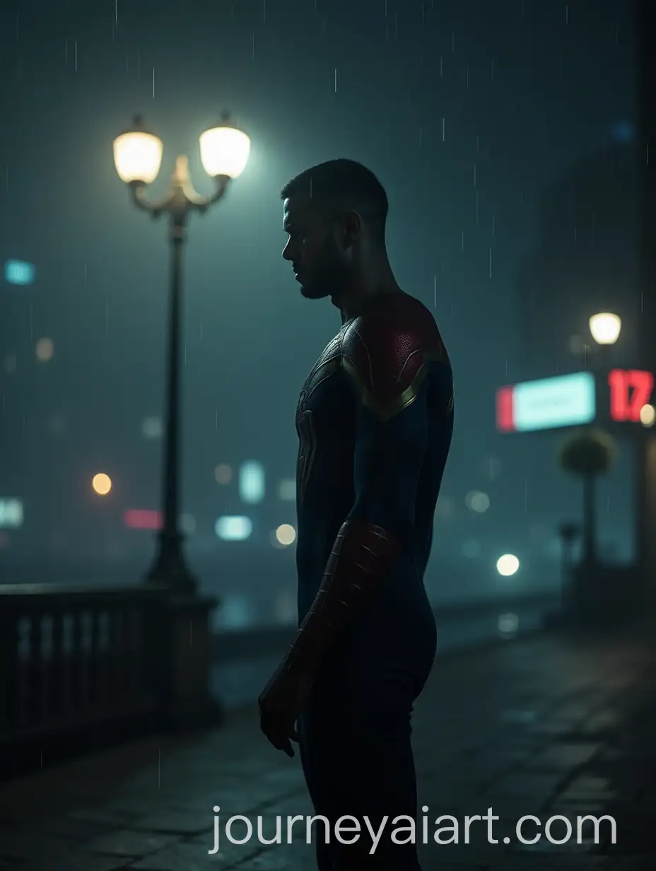 Lone-Hero-Under-a-Flickering-Streetlamp-in-a-Rainy-Cityscape