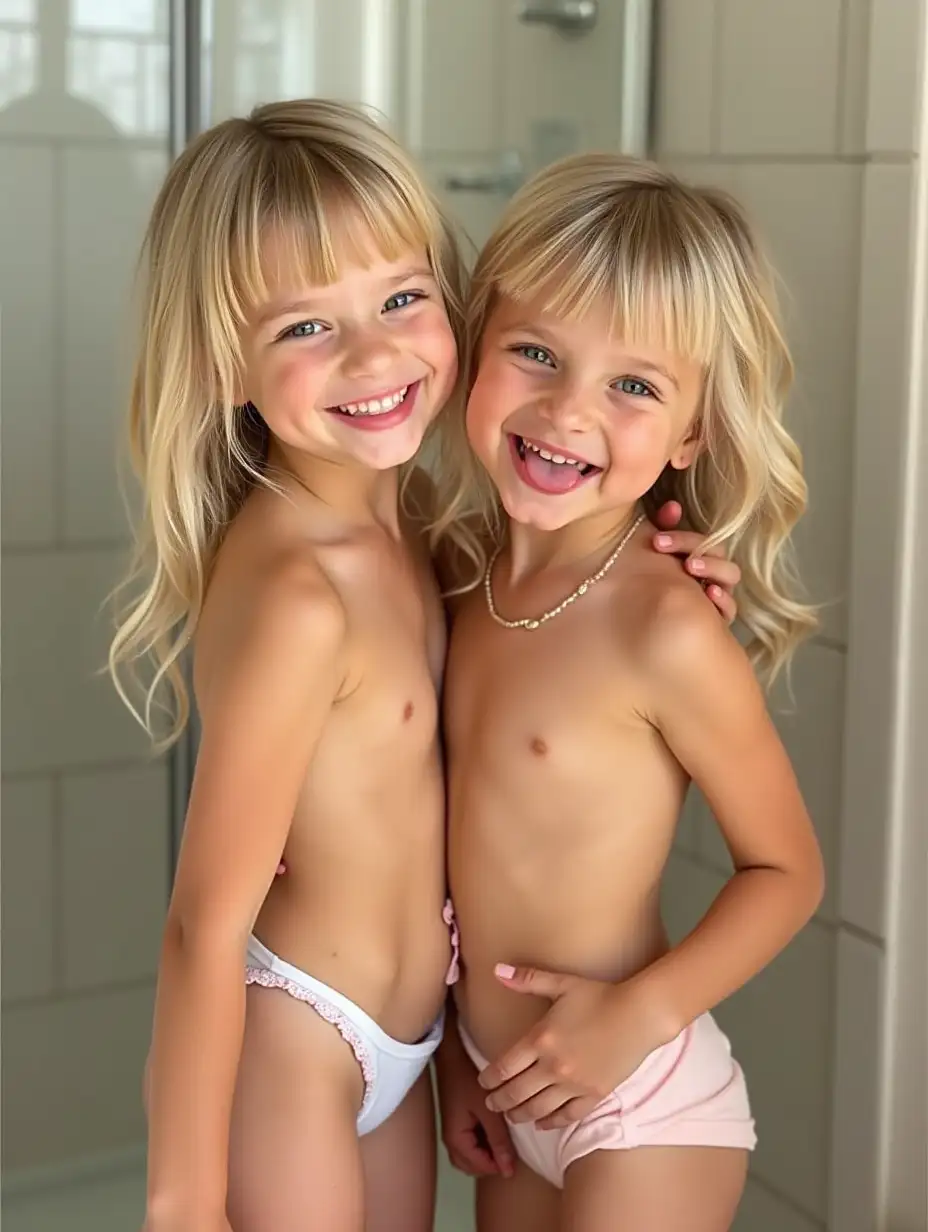 Two-Adorable-Young-Girls-shoulder-length-blonde-hair-with-bangs-Standing-in-Bathroom-with-wet-Shiny-Skin happy and bright playful kisses tongues out