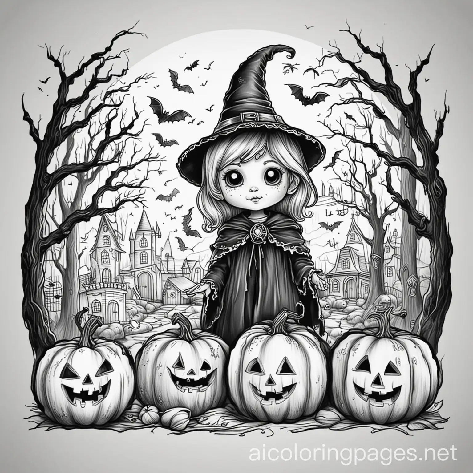 spooky halloween, Coloring Page, black and white, line art, white background, Simplicity, Ample White Space. The background of the coloring page is plain white to make it easy for young children to color within the lines. The outlines of all the subjects are easy to distinguish, making it simple for kids to color without too much difficulty