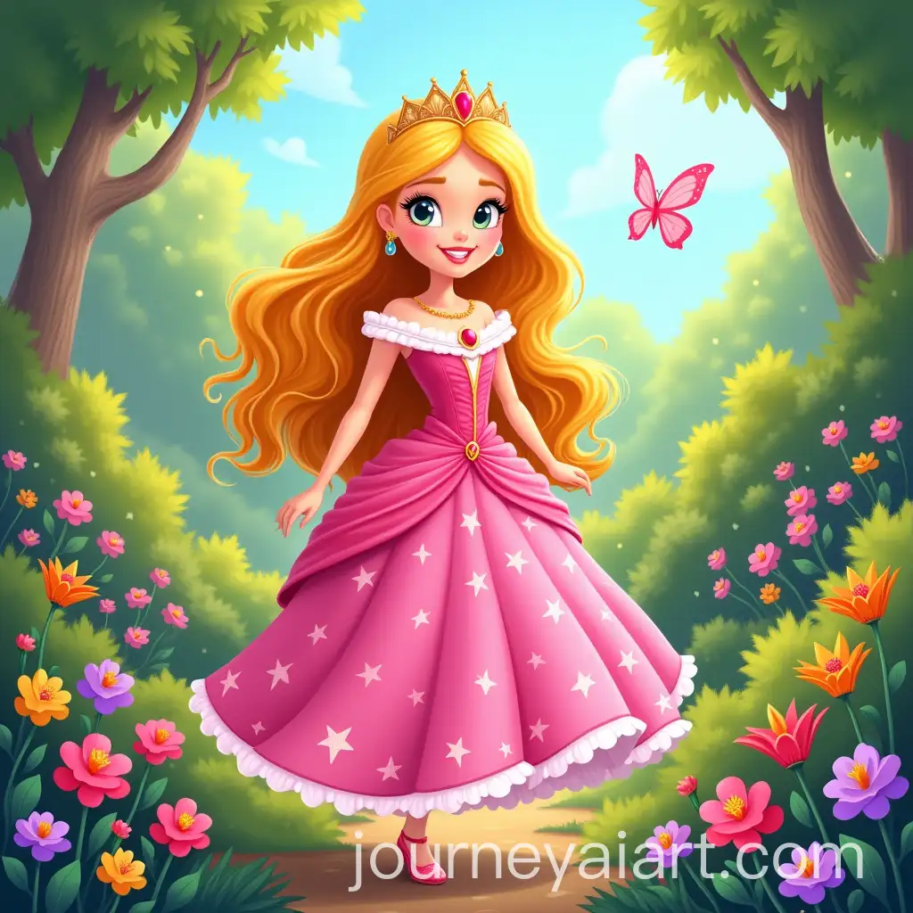 Cheerful-Princess-with-Golden-Hair-in-a-Vibrant-Garden