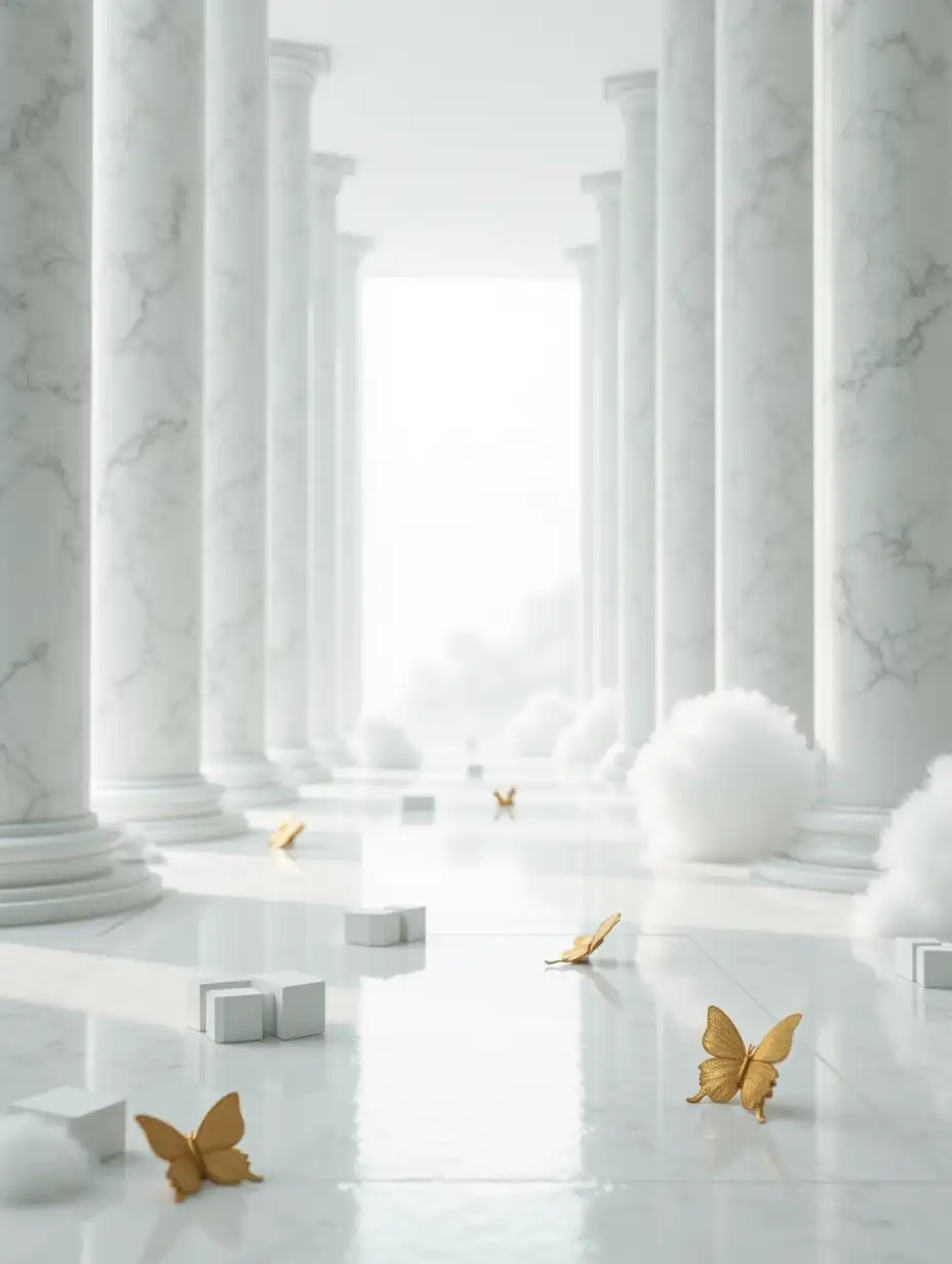 A stunning, surreal scene of a long hallway surrounded by tall white marble columns, leading into a misty, ethereal backdrop with soft clouds. The floor is pristine white, with golden butterfly-shaped objects scattered across. In the foreground, a few white, fluffy cloud-like structures and geometric block sculptures are present. The atmosphere is calm, mysterious, and dreamlike. The setting has a classical touch, with elements of fantasy and elegance, and soft lighting to highlight the textures of the scene.