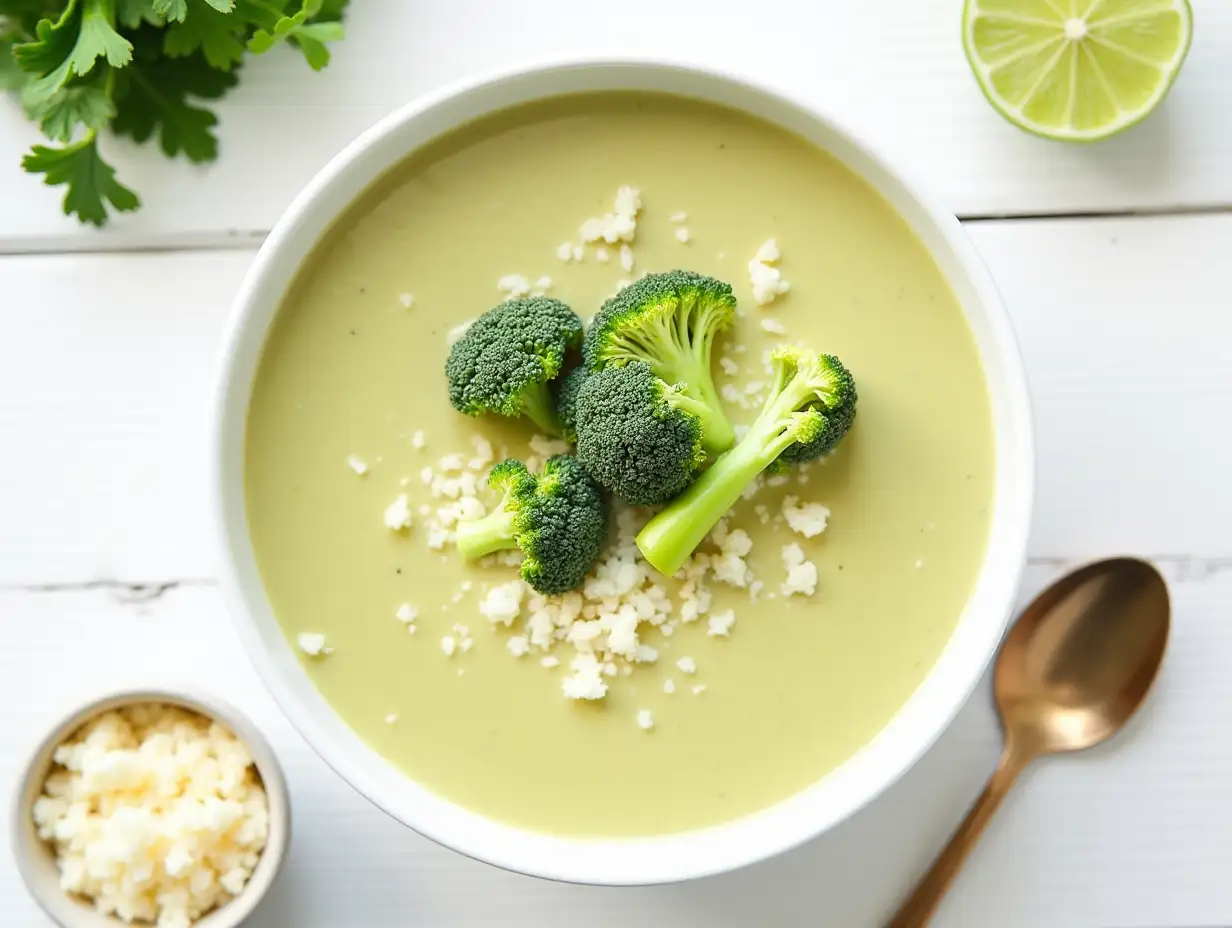 Top view of healthy vegan broccoli cream soup with parmesan on a white table