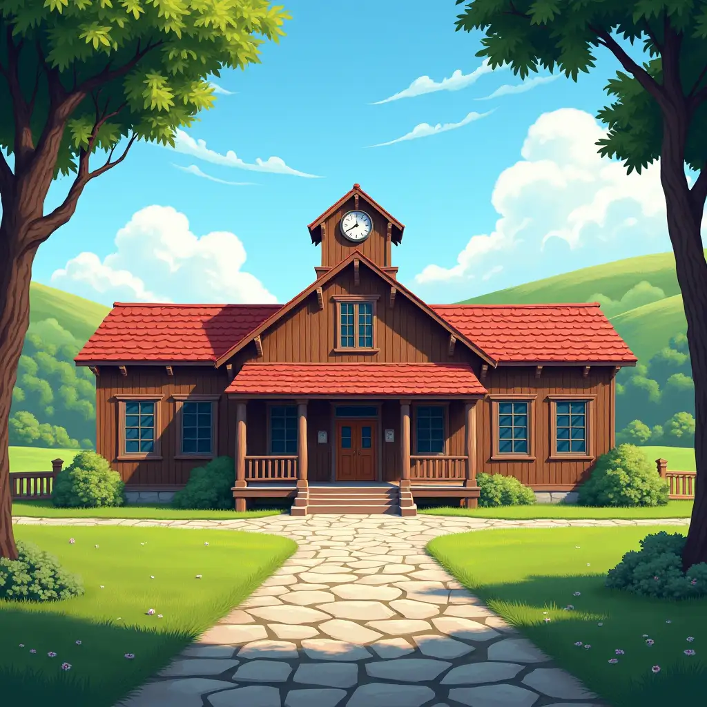 Building:nnThe image features a single-story wooden building with a central clock prominently displayed at the top of its gabled roof.nThe building has a classic architectural design, with a symmetrical structure.nIt features red tiled roofs and wooden columns supporting a shaded porch.nThe entrance has a few steps leading to a wooden double door.nWindows:nnMultiple rectangular windows are aligned symmetrically across the front facade.nThe windows are adorned with blue shutters, adding a subtle color contrast to the wooden exterior.nForeground:nnA stone pathway, neatly laid with irregular stone patterns, leads directly to the building's entrance.nThe pathway is surrounded by a lush green lawn that is evenly trimmed.nSurrounding Environment:nnThe area is rich with vegetation, including tall trees framing both sides of the scene.nThe backdrop includes rolling green hills and a vivid blue sky with scattered wisps of clouds.nThe scene evokes a peaceful, rural atmosphere.nOverall Mood:nnThe overall tone is serene and calming, with natural colors creating a harmonious rural environment.nThe building resembles a school, town hall, or community center in a countryside setting.