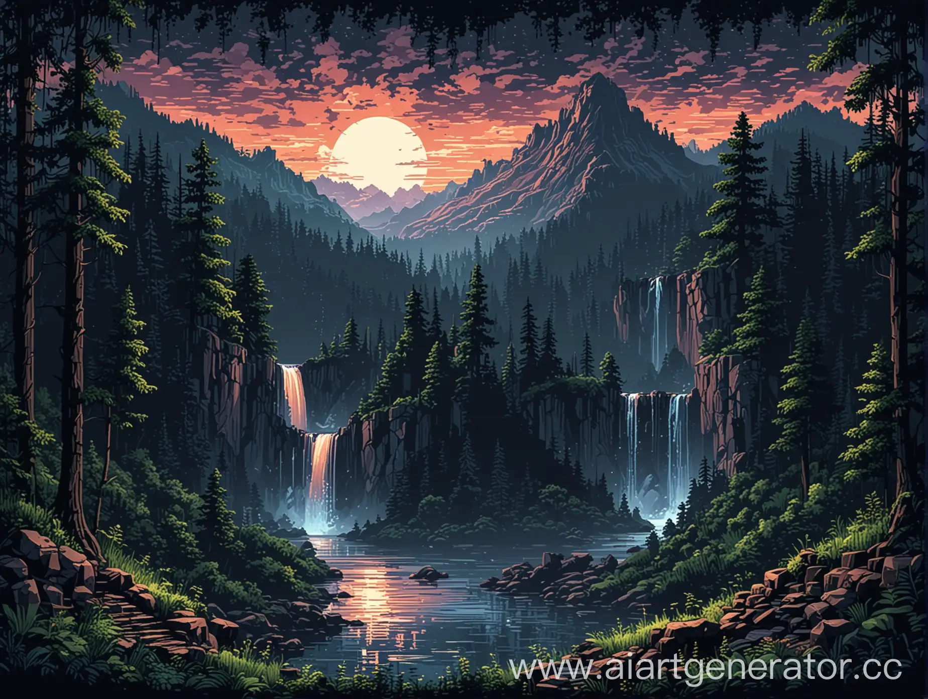 Pixel-Art-Nightscape-Mountains-Forest-and-Waterfall