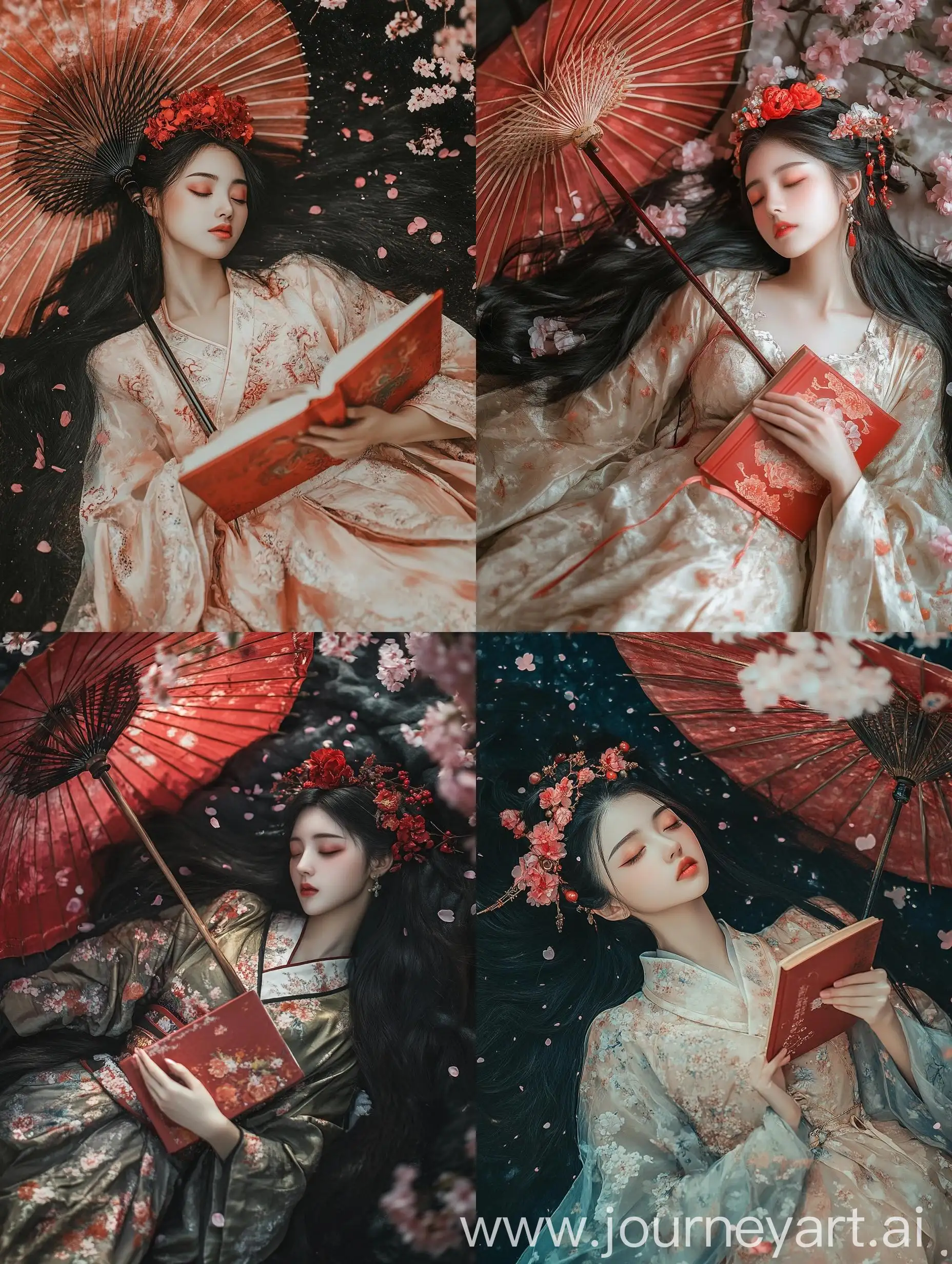 Young-Woman-in-Traditional-Chinese-Dress-with-Umbrella-and-Book-Under-Cherry-Blossoms-at-Night