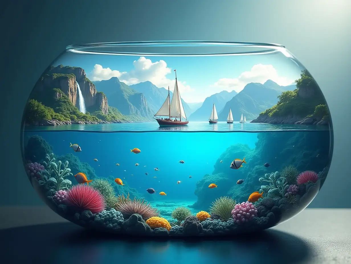 Create an oval glass container with mountains, waterfall and an ocean of sailboats,with large waves, colorful fish,colorful corals,squid underwater,and a resolution of 4K