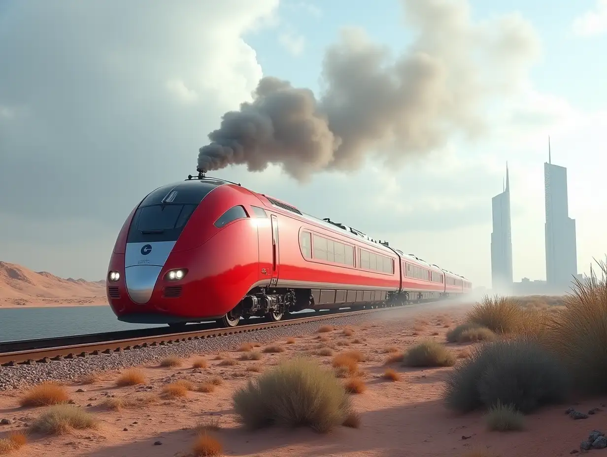 Create a high-resolution realistic image in 4k resolution: a futuristic red locomotive with silver on tracks, with smoke, rising in the desert with bushes on both sides, a sea with futuristic tall buildings and a cloudy sky