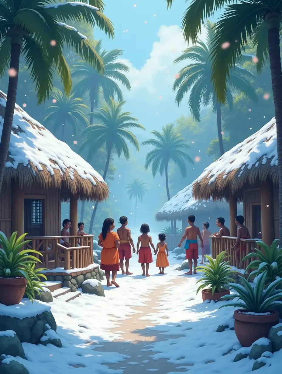 Tropical island experiencing snowfall for the first time with the villagers in amazement and celebration