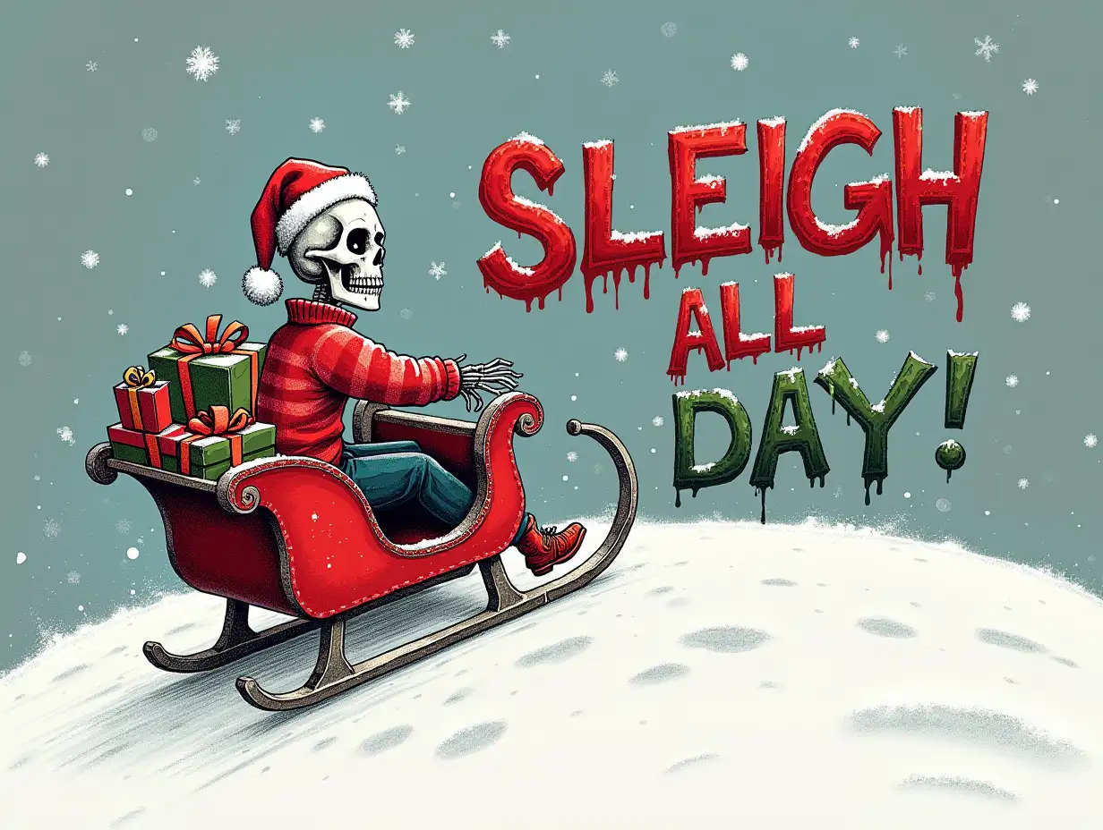 Vector illustration, Art style: charcoal drawing, Art inspiration: realistic description. Create a festive, yet spooky Christmas image featuring a skeleton riding a sleigh down a snowy hill. The skeleton should be wearing a Santa hat and a festive sweater, and the sleigh should be filled with wrapped presents. Snowflakes should be falling from the sky, and the text 'Sleigh All Day!' should be written in bold, colorful lettering, with a dripping paint effect.