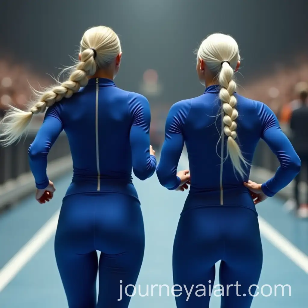 Two-Beautiful-Sportswomen-Running-in-Shiny-Blue-Tracksuits-with-White-Hair-and-Long-Plaits