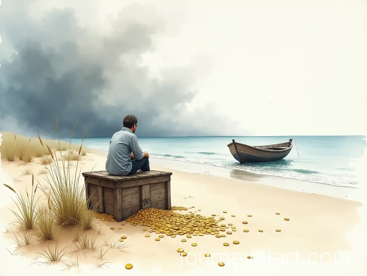 Lonely-Fisherman-on-DesertAI-Art-Prompt-Expansioned-Beach-with-Gold-Coins-and-Broken-Rowing-Boat