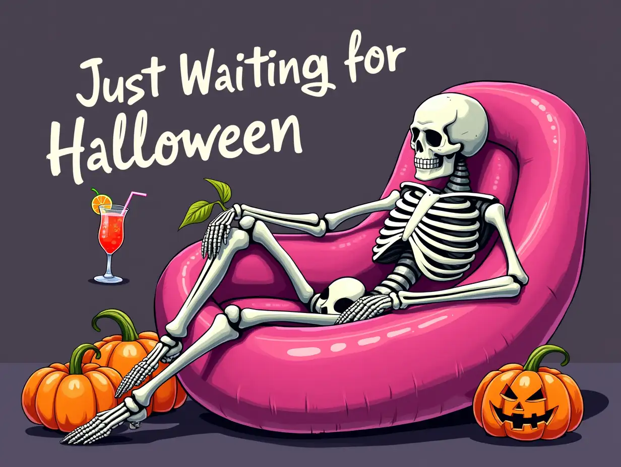 A skeleton lounging in a pink inflatable chair, surrounded by pumpkins and a cocktail, with the text 'Just Waiting for Halloween' in the background.