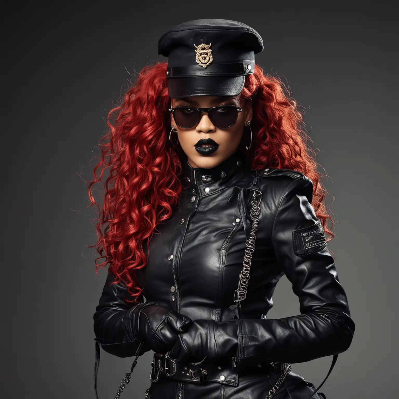 rihanna wearing dog collar and leash, black lipstick, angry snarl, leather gloves, curly red hair, leather military hat, sunglasses