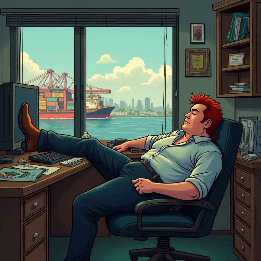 Create an image of a redheaded fair-skinned somewhat chubby man. With a mullet hairstyle who sits in his office with his feet on the table and sleeps. Let him dream of the container harbor. Make it in the style of the series dexter