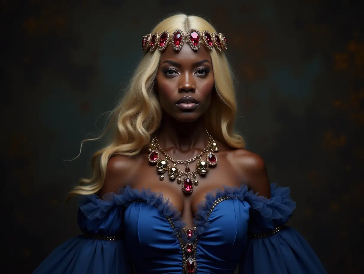 Mythological black princess, blonde, long hair blue dress, necklace of ruby skulls at a ball portrait full body