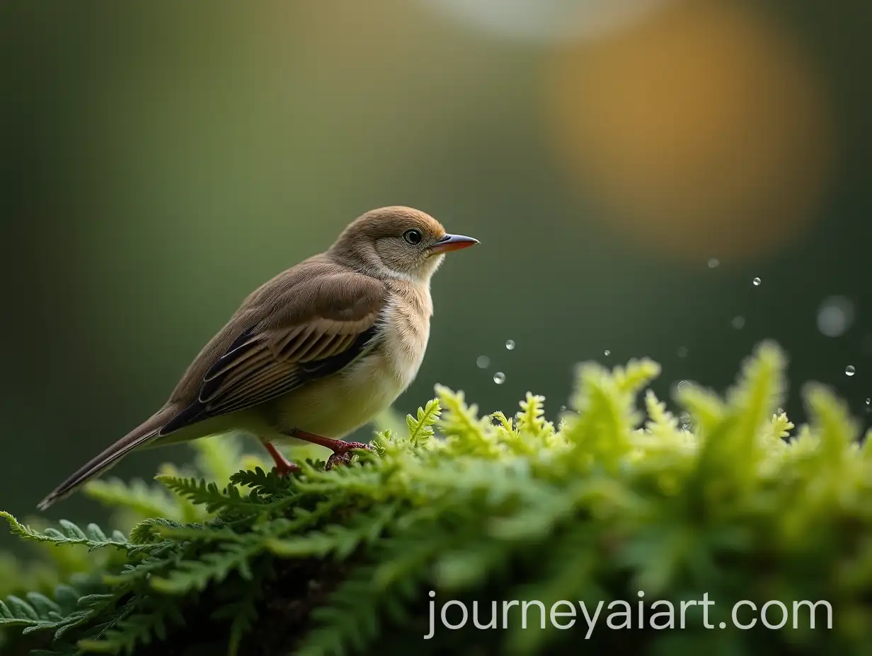 Macro-Photography-of-a-Dead-Bird-on-a-Fern-Wall-with-Floral-Background